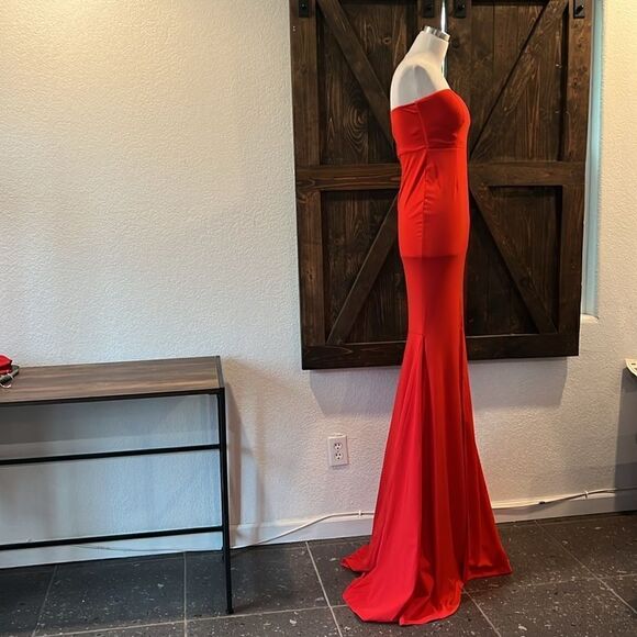 Miss ord Strapless Asymmetric Slit Front Sweetheart Wedding  Red Dress - Picture 7 of 16